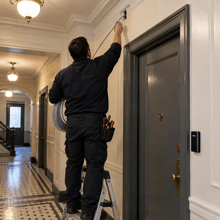 Technician pulling low-voltage cable through an old plaster wall in a prewar building hallway