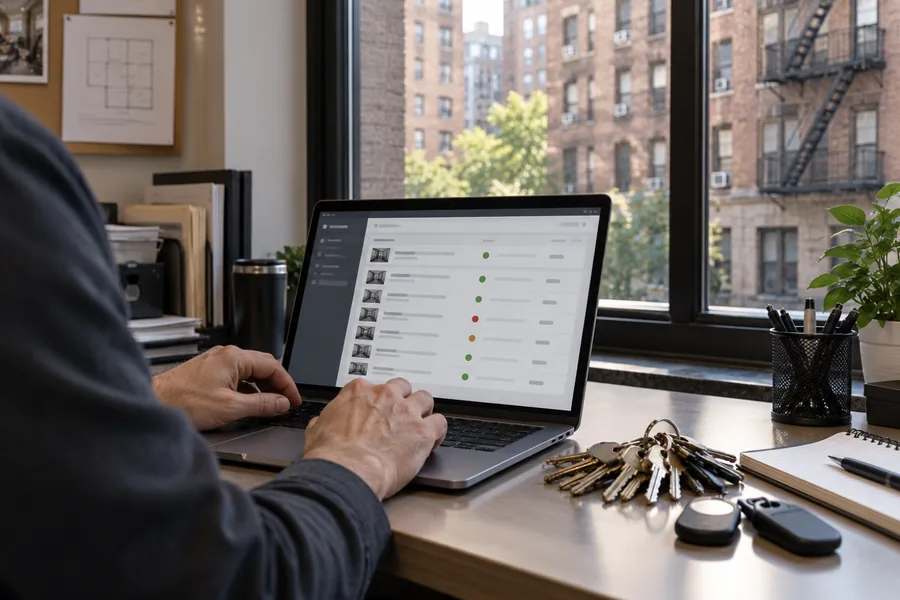 Property manager reviewing door access for several buildings on a laptop